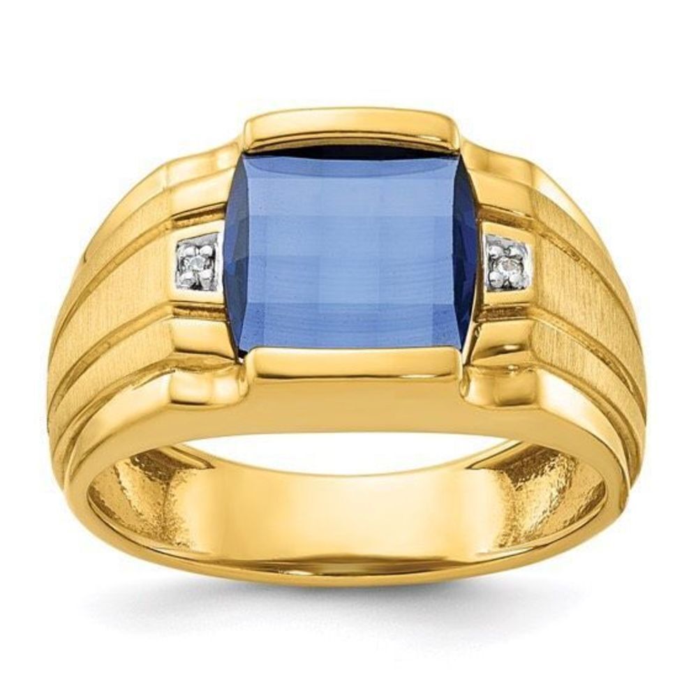 New 10k Gold Men's Created Sapphire and Diamond Ring